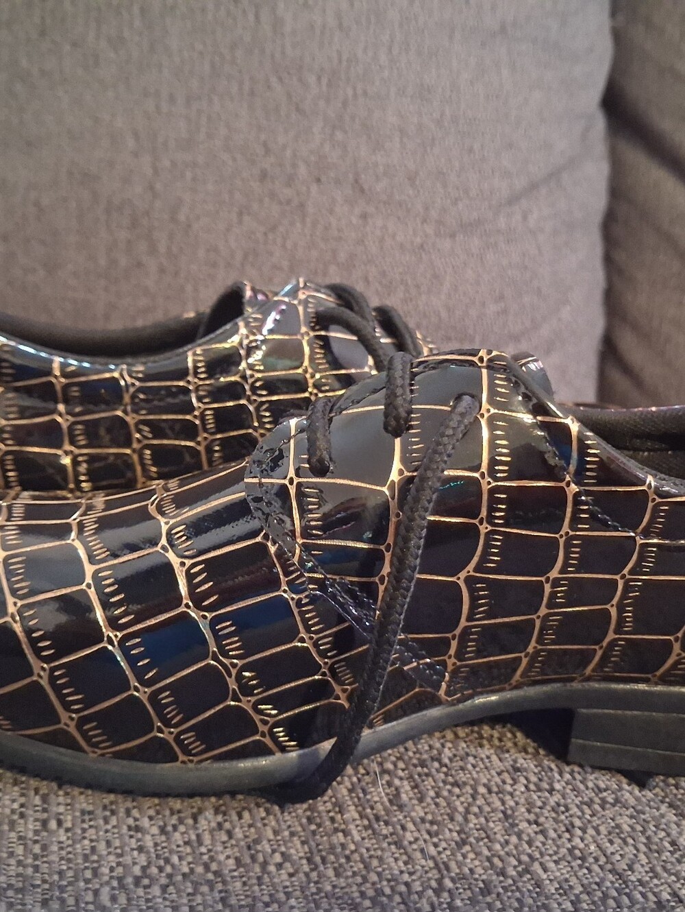 Patent Croc-Embossed Lace-Up Flats in Black